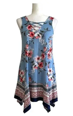 Three Pink Hearts Blue Floral Sleeveless Handkerchief Tunic Top Dress XS NEW