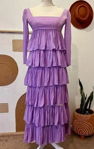 None Vintage Handmade 70s Purple Multi Tiered Pleated Sheer Sleeve Square Neck Dress