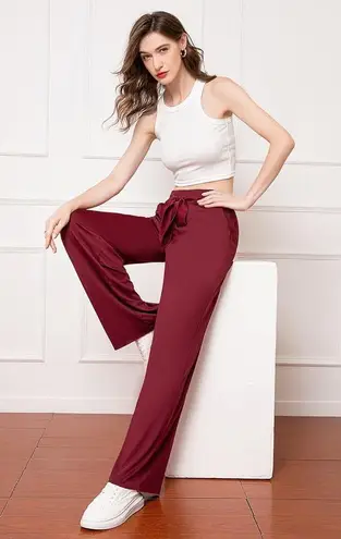 Valentino Garavani Valentino Silk Palazzo Vintage Tie Wide Trousers maroon Burgundy Belt Pants Designer Sz EU 44- USA 10