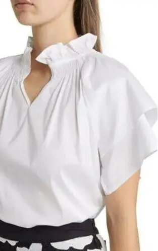 Ming Wang Ruffle Neck Short Sleeve Blouse in White Size Medium