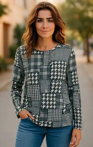 d & co Womens Houndstooth Plaid Patchwork Long Sleeve Top Size L Gray Size L