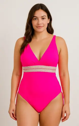 Womens Swimsuit Size M Hot Pink One Piece Ruched Strappy Knit Barbiecore Y2K Size M