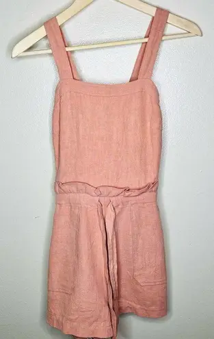 Saylor 100% Linen Romper SMALL Pink Square Neck Ruffle Tie Waist Feminine Woven