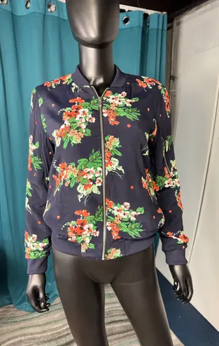 Zara Basic Floral Bomber Jacket Size XS Navy Blue Orange Green Flowers