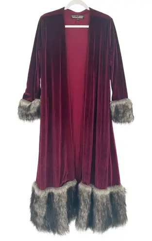 Jennafer Grace Womens Mob Wife Velvet Duster Cardigan Faux Fur Trim XS Burgundy Red