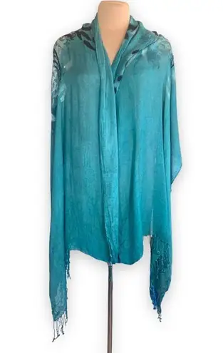 None Sarong Scarf Bright Turquoise Black Rose Floral Fringe Boho Gypsy Colorful