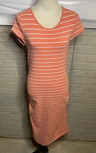 Isabel Maternity Coral White Striped Short Sleeve Midi Dress Size Medium