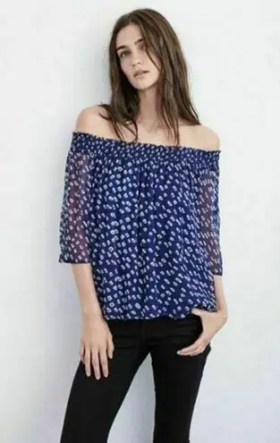 Velvet by Graham & Spencer Navy OffShoulder Sheer Blouse Medium Blue