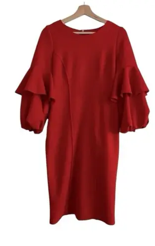 IC COLLECTION Red Scuba Knit Ruffled Balloon Sleeve Red Sheath Dress Size XS NEW