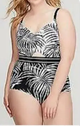 Cacique Swim Black White Palm One Piece Swimsuit 18 Cut~Out Padded Bra Summer