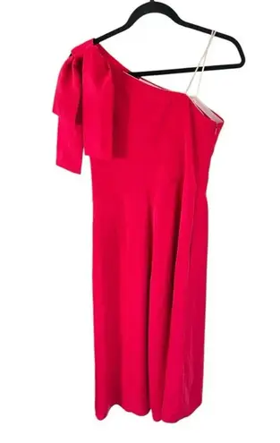 Gal Meets Glam Red Carmen One Shoulder Bow Wide Leg Jumpsuit