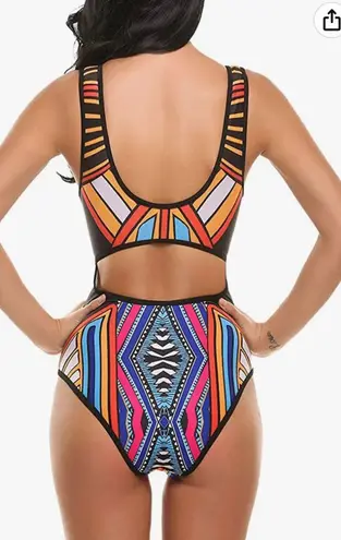 Qearal Women Cut Out Monokini Tribal Print High Waist Padded Swimsuit Tummy Control Swimwear Multiple Size M