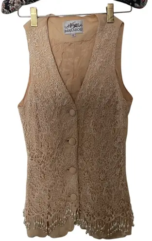 Vintage Boho Festival Vest Cream Lace Beaded Marabou Feather Trim Women’s S