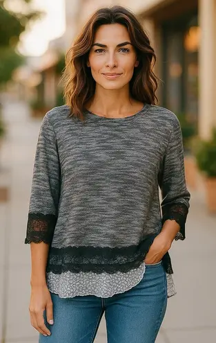 Multiples Womens Tunic Size Large Textured Lace Sweater Black Gray White Mixed