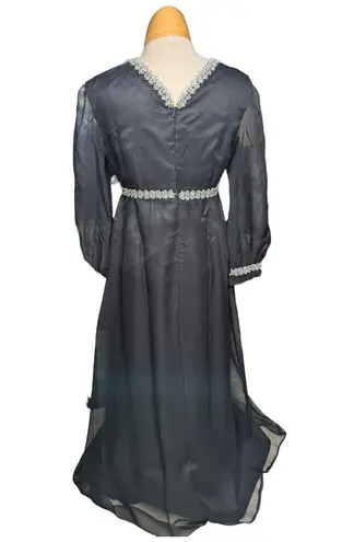 Vtg 1960s Black Layered Chiffon Silver Metallic Trim Empire Waist Maxi Dress 8