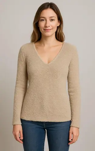 Barefoot Dreams CozyChic V-Neck Sweater Taupe Beige Soft Plush Women's Size M