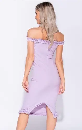 Parisian Lilac Bardot Style Frill Bodycon Midi Dress NWT Size 6