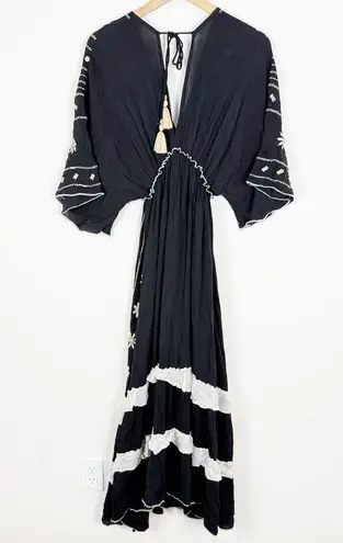 Zury Black White Embroidered Boho Maxi Dress Festival Peasant Tiered Flowy Size M