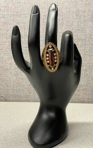 Statement Cocktail Ring Rectangle Red Gemstone Clear Crystal Accents Size 9.25 Gold