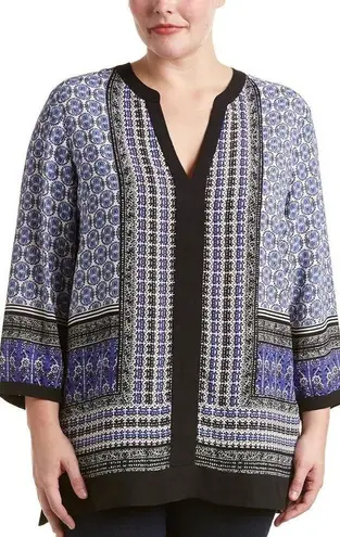 NYDJ Blue Black White Boho Mixed Print V-Neck Blouse Top Size Small