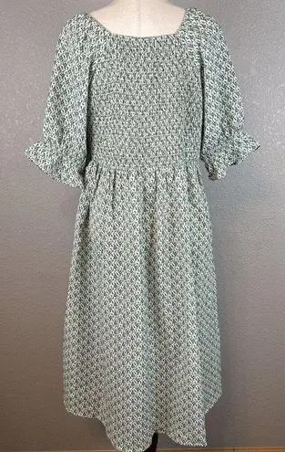 Love Olive Co Tuscany Midi Peasant Smocked Dress XXL Floral Puff Sleeve Pockets Green