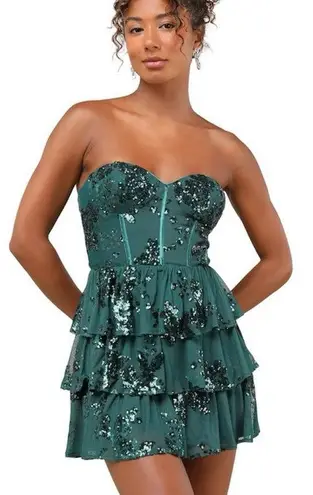 Lulus Definite Glamour Emerald Mesh Sequin Bustier Tiered Mini Dress NWT Green Size L