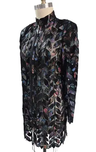 Lisabelle Turkish Leather Coat Tunic Length Sheer Leather Leaves Zipper XL Black