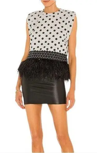 Le Superbe Seeing Double Tank Top Feather Hem Fringe Grey Black Polka Dots sz S