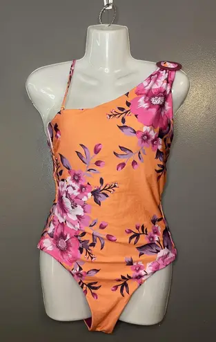 Becca One Piece Swimsuit Womens Medium Orange Floral One Shoulder Cutout Back - Image 1