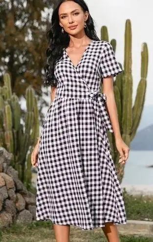 SheIn  Black and White Gingham Tie Side Wrap A-Line Midi Dress Size Small