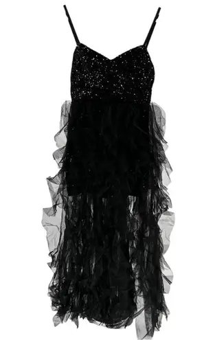 Mac Duggal Ieena Black Sequin Mini with High Low Ruffle Tiered Train size 0
