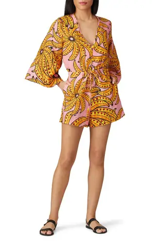 Farm Rio NWT Banana Floral Linen 3/4 Sleeve Romper Pink/Yellow Women's Size S