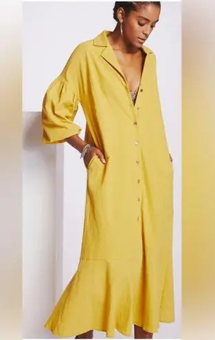 Margo Baridon Relaxed midi dress Yellow puff sleeve button down dress size large