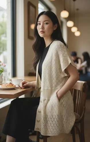 Bandolino Womens S Vintage Cream Shorth Sleeve Open Knit Cardigan Sweater Dress