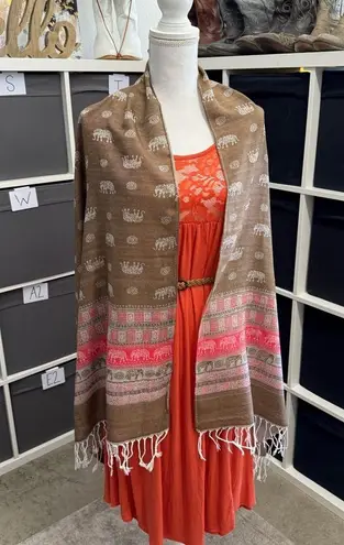 Sam Well Pashmina Long Cashmere Brown and Coral Red Elephant Patterned Scarf