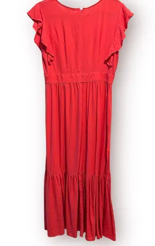 Cynthia Rowley Linen Viscose Blend Maxi Tiered Ruffle Dress M Boho Red Orange