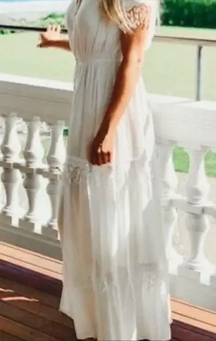 Jaase ✨ Boho Peasant White Crochet Lace Tiered Maxi Long Dress✨