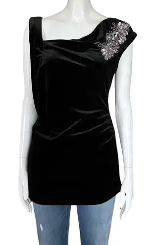 Vintage Y2K Black Velvet Asymmetrical Rhinestone Sequin Beaded Going Out Top M/L Size M