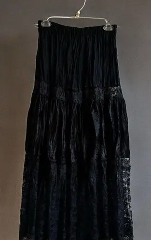 Vtg 90’s Judy Knapp Blk Crushed Velvet Lace Prairie Boho Cottage Maxi Skirt USA Black