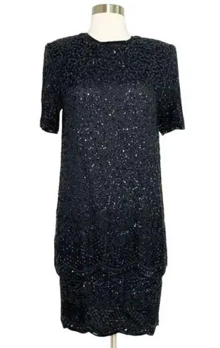 Vintage Brilliante Beaded Silk Dress Size Small Black Tiered Short Sleeve