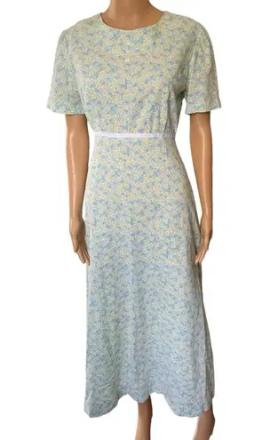 Handmade Vintage 70s Blue White Cottagecore Prairie Preppy Floral Midi Dress Size M