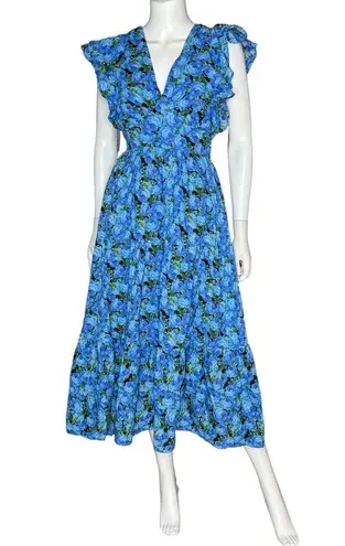 English Factory Women's Floral-Print Tiered Flutter-Sleeve Dress Blue Sz XS NWT