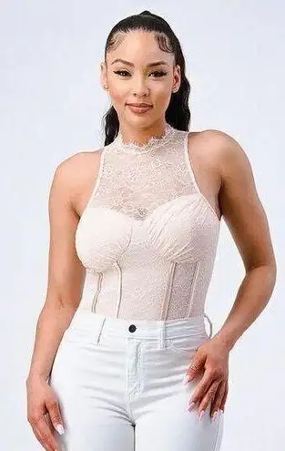 Privy Bodysuit Womens Medium Pink Lace High Neck Corset Bodysuit Bustier Top NWT