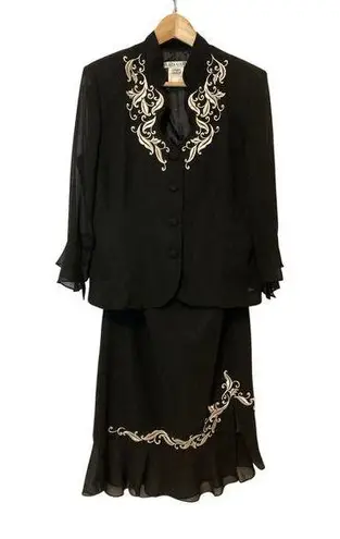 Vintage Plaza South Black Ruffle Embroidered Two Piece Blazer Skirt Set Suit Size 10