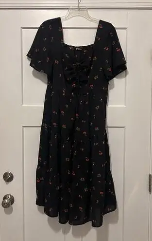 Bloomchic Black Midi Dress With Cherry Print Gathered Bustline Women’s Size 12