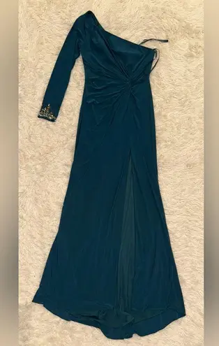 Mac Duggal NEW One-Shoulder Beaded embellished Cuff Side Twist Ocean Gown SZ 2