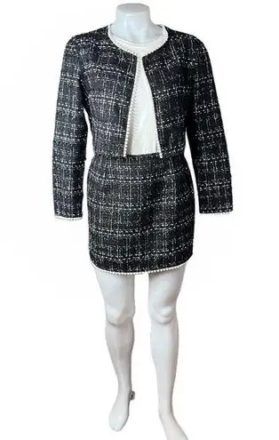 SheIn  Privé Plaid Pattern Suit Cropped Jacket Mini Skirt Pearl Edged Size Small thumbnail 1
