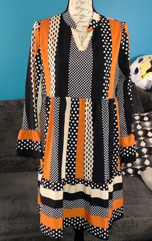Stylish Polka Dot and Stripe Long Sleeve Peasant Dress, Medium Orange