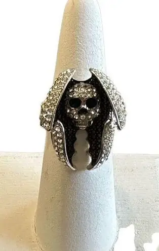 Brand New!! Size 7 Black and clear rhinestone encrusted skull and bat wing ring Silver