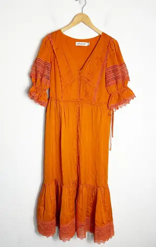 Self Portrait Lace-Trimmed Satin-Twill Midi Dress Size 6 Orange Ruffle